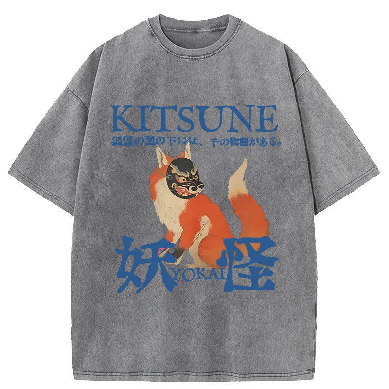 Japanese Fox Yokai Washed Crew Neck T-Shirt