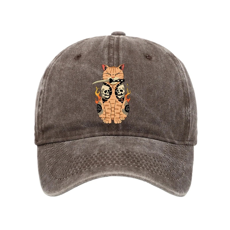 Catana Cat Skull Tattooed Samurai Washed Cap