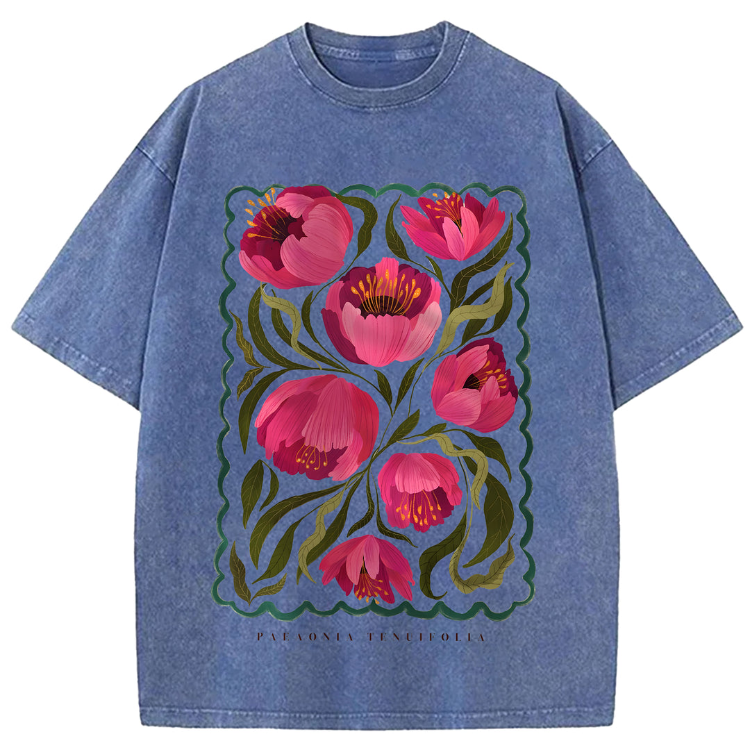 Vintage Flowers Design Washed Crew Neck T-Shirt