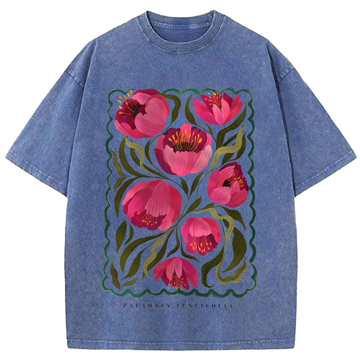 Vintage Flowers Design Washed Crew Neck T-Shirt