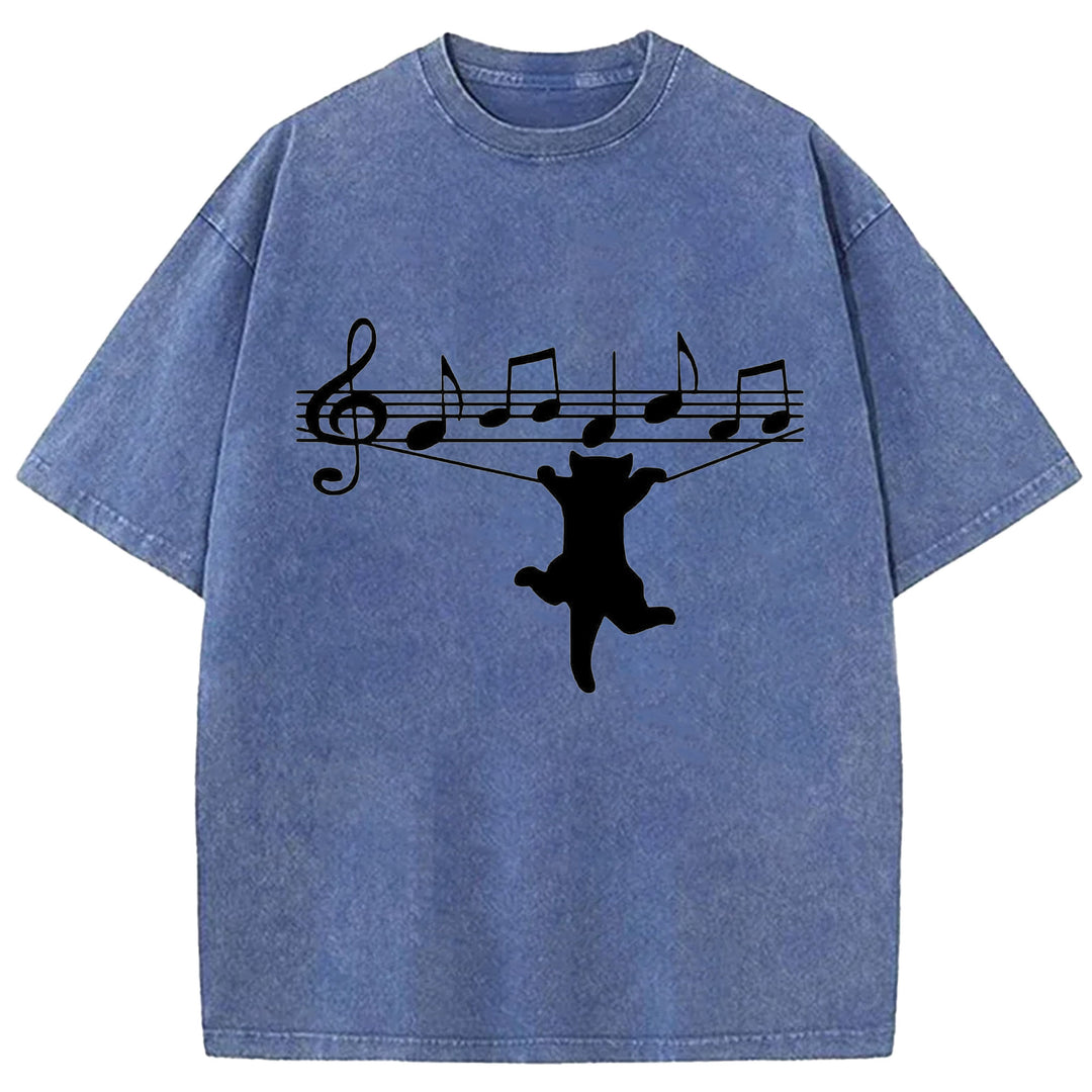 Funny Cat Design Washed Crew Neck T-Shirt