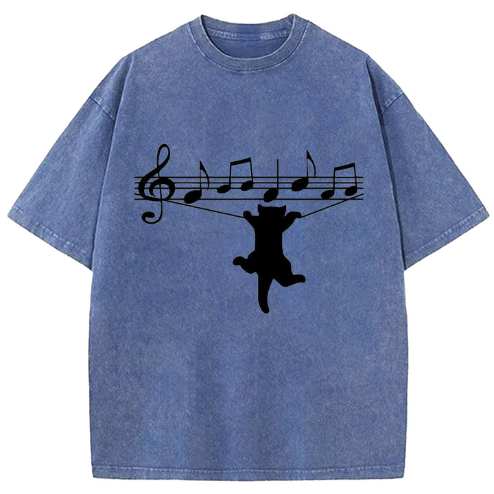 Funny Cat Design Washed Crew Neck T-Shirt