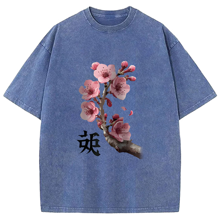 Cherry Blossom Branches Washed Crew Neck T-Shirt