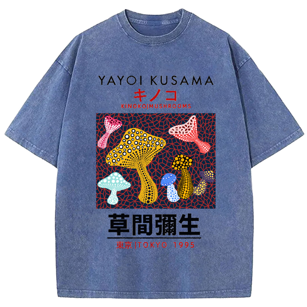 Yayoi Kusama Flower Vintage Japanese Design Washed Crew Neck T-Shirt