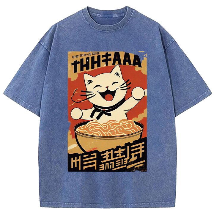 Vintage Japanese Cat Eating Ramen Wash Crew Neck T-Shirt