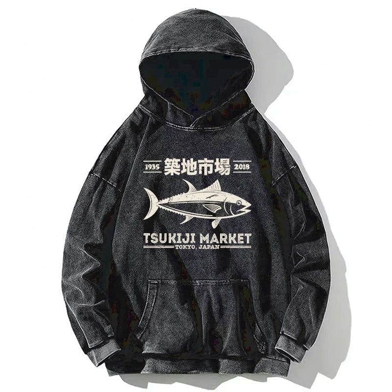 Retro Tsukiji Fish Market Streetwear Tokyo Washed Hoodie