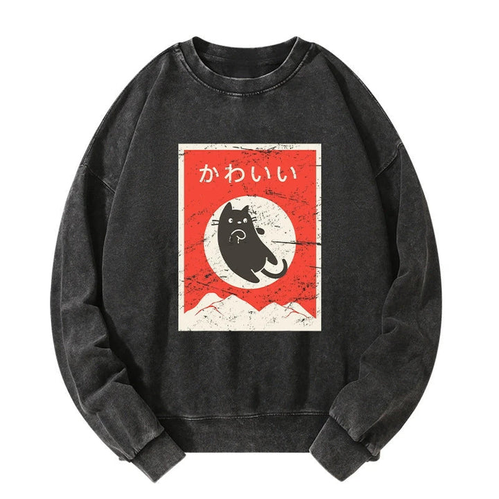Cute Black Cat Japanese Washed Sweatshirt