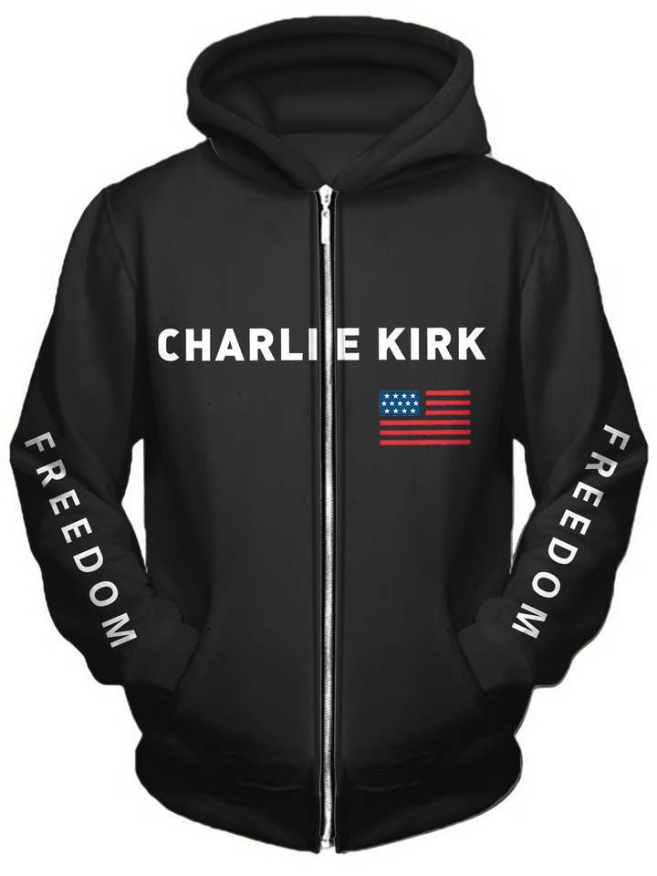 Freedom Charlie Kirk Long Sleeve Pocket Men's Zip Up Hoodies
