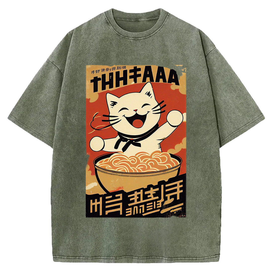 Vintage Japanese Cat Eating Ramen Wash Crew Neck T-Shirt