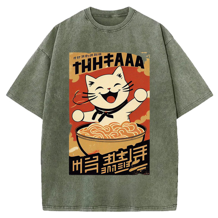 Vintage Japanese Cat Eating Ramen Wash Crew Neck T-Shirt