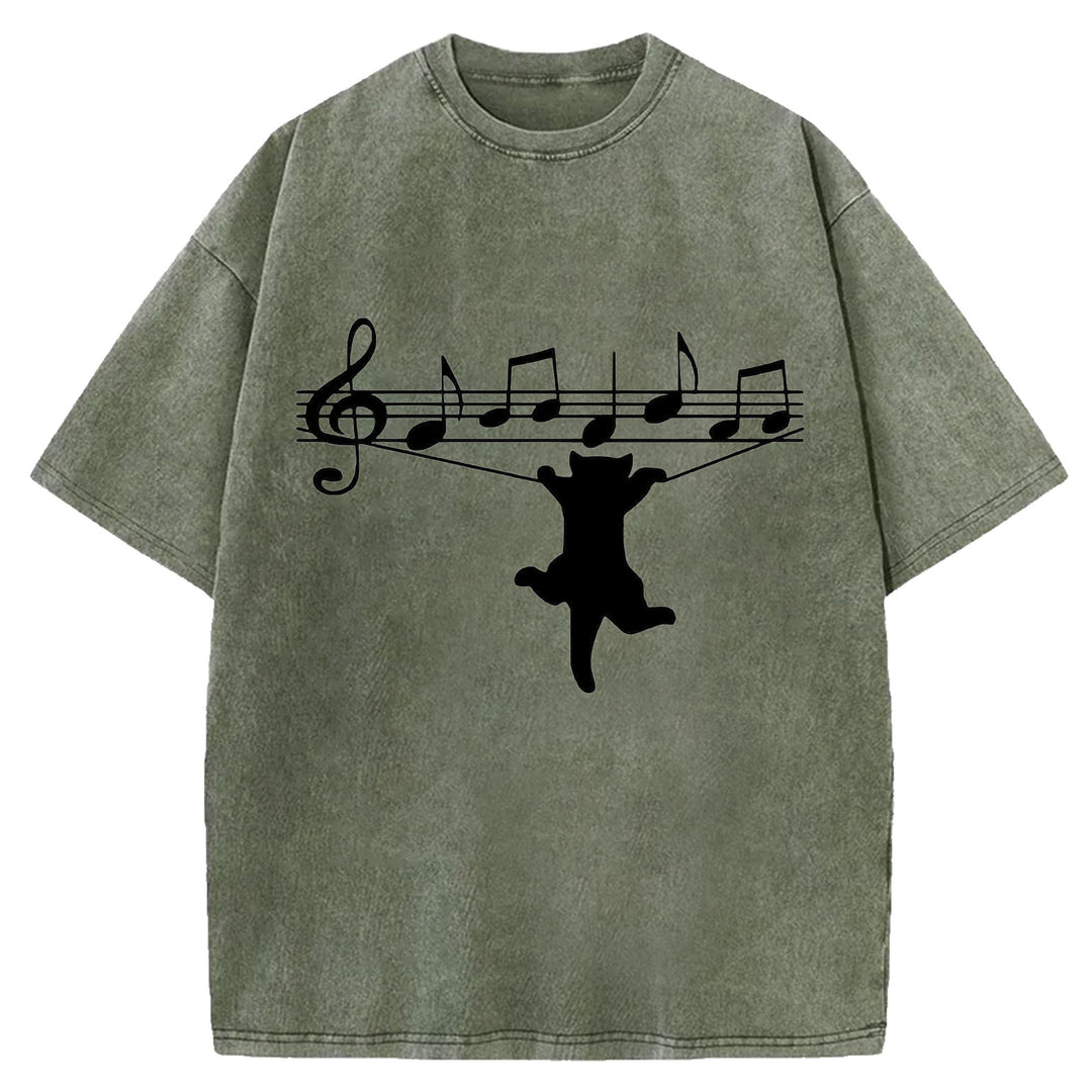 Funny Cat Design Washed Crew Neck T-Shirt
