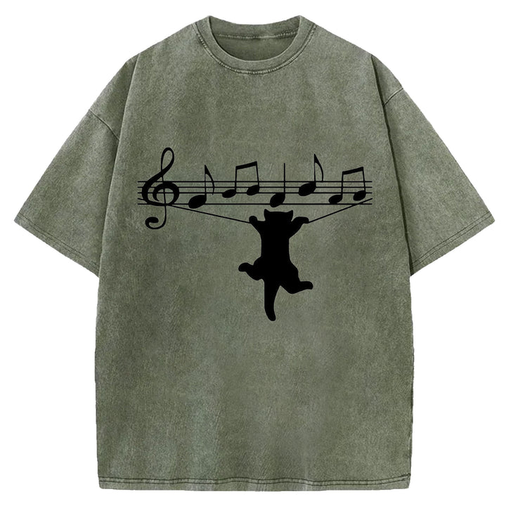 Funny Cat Design Washed Crew Neck T-Shirt