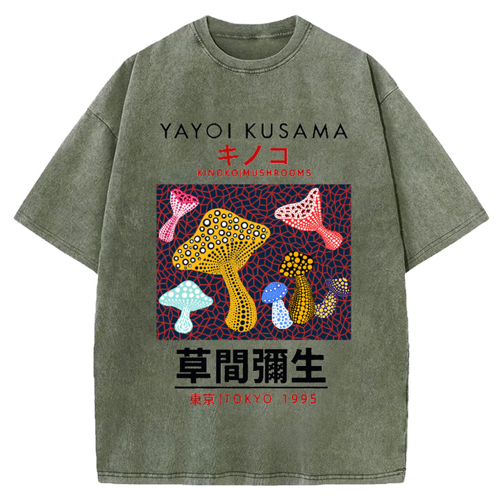 Yayoi Kusama Flower Vintage Japanese Design Washed Crew Neck T-Shirt