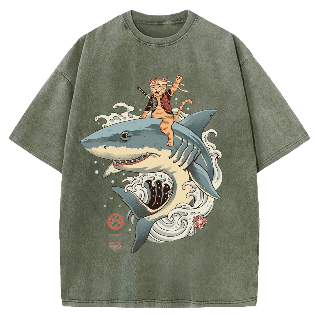 Samurai Cat Riding A Shark Washed Crew Neck T-Shirt