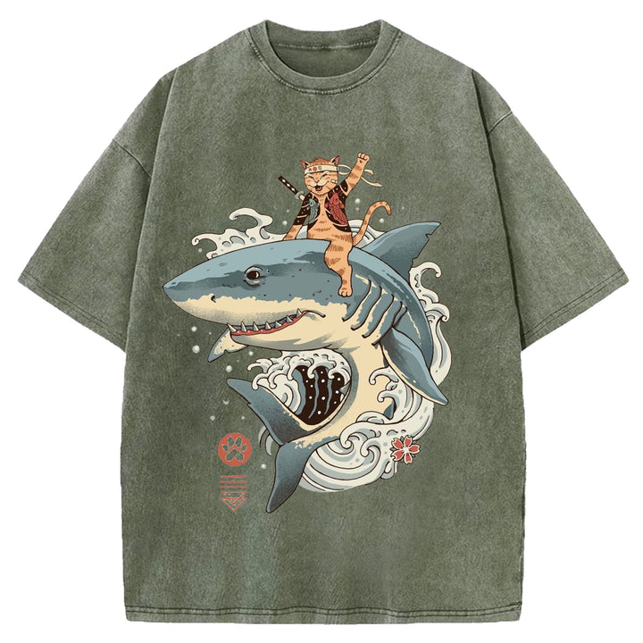 Samurai Cat Riding A Shark Washed Crew Neck T-Shirt