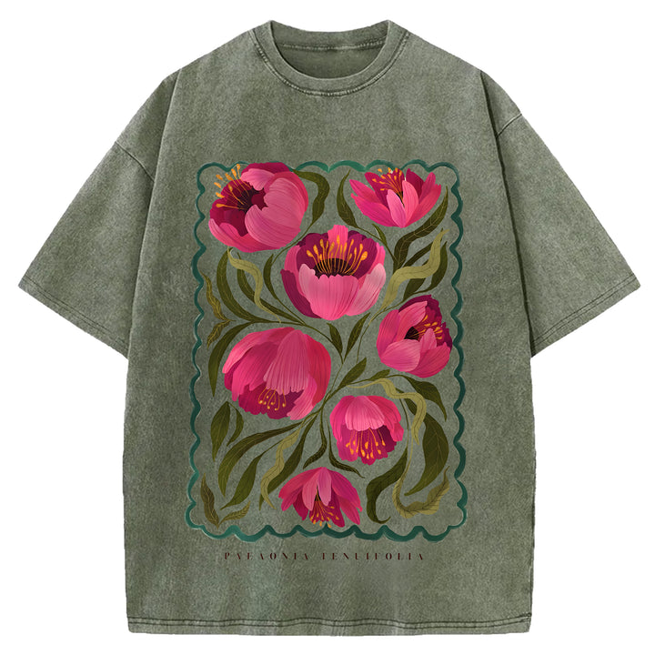 Vintage Flowers Design Washed Crew Neck T-Shirt