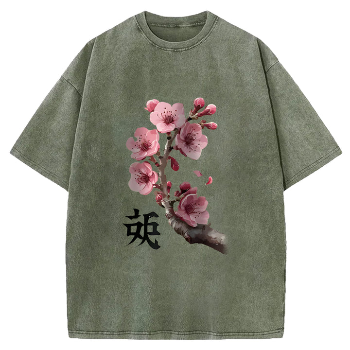 Cherry Blossom Branches Washed Crew Neck T-Shirt