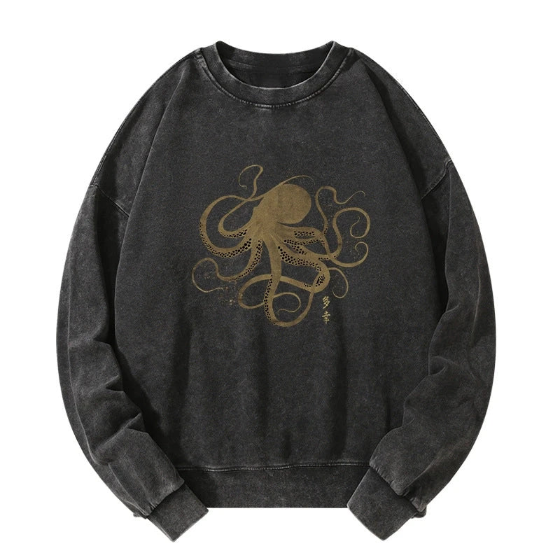 Octopus Japanese Gold Print Tattoo Washed Sweatshirt