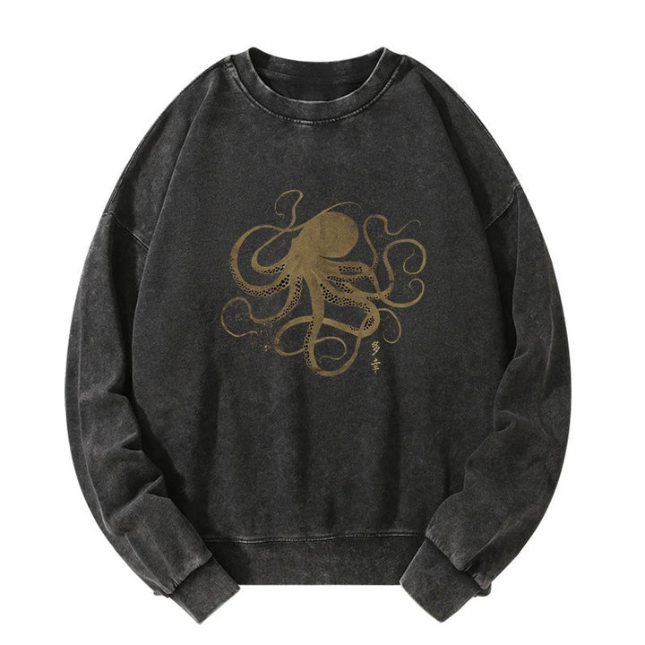 Octopus Japanese Gold Print Tattoo Washed Sweatshirt