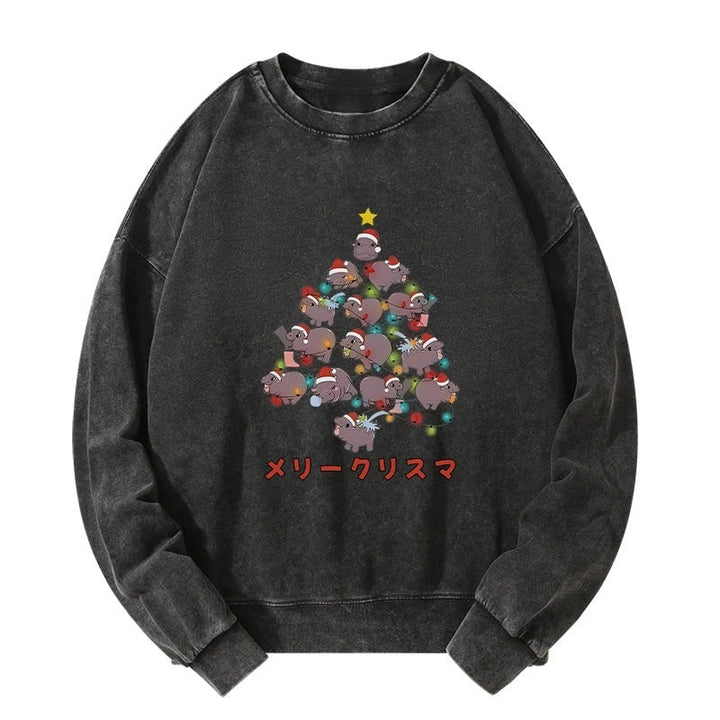 Moo Deng Christmas Tree Japanese Washed Sweatshirt