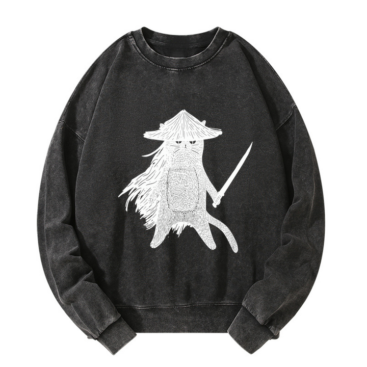 Japanese Samurai Cat Washed Sweatshirt