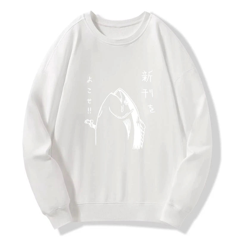 Japanese Fish Hold Up White Sweatshirt