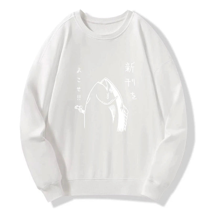 Japanese Fish Hold Up White Sweatshirt