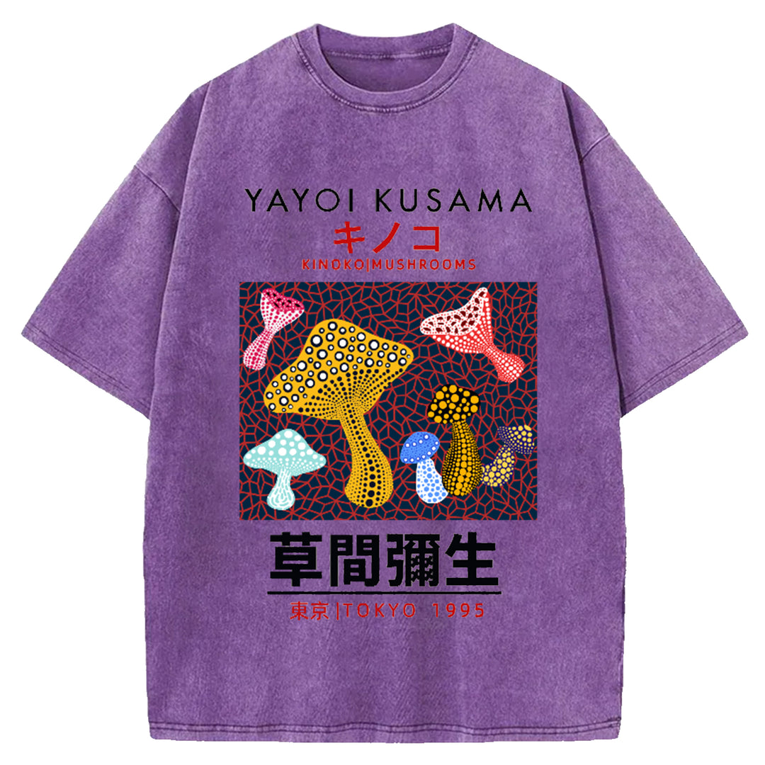 Yayoi Kusama Flower Vintage Japanese Design Washed Crew Neck T-Shirt