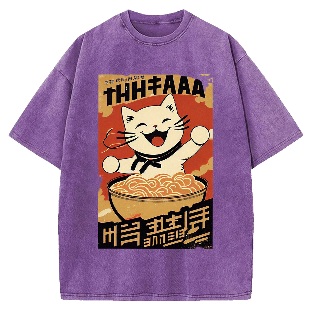 Vintage Japanese Cat Eating Ramen Wash Crew Neck T-Shirt