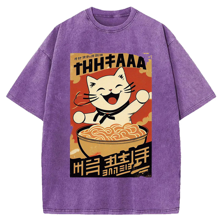 Vintage Japanese Cat Eating Ramen Wash Crew Neck T-Shirt