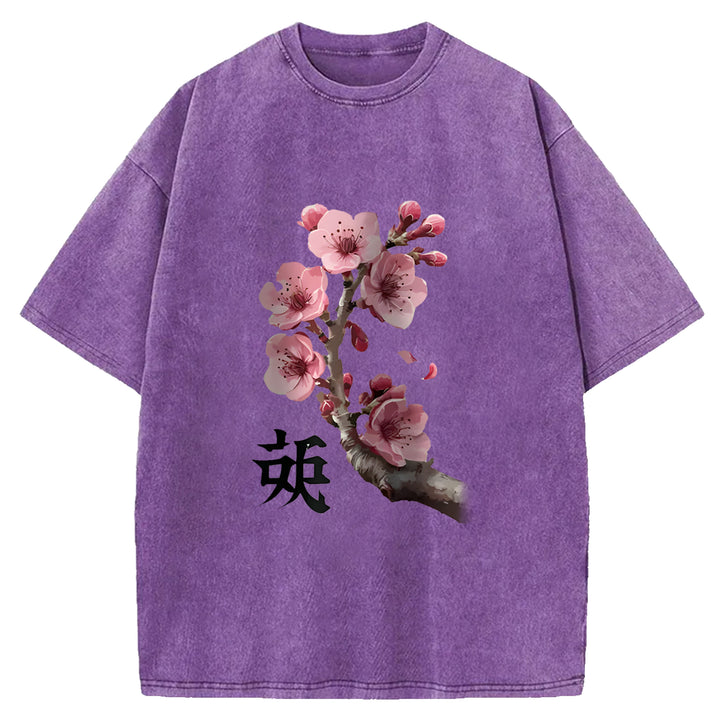 Cherry Blossom Branches Washed Crew Neck T-Shirt