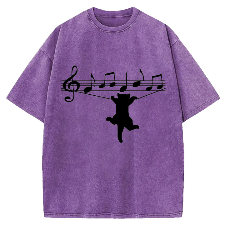 Funny Cat Design Washed Crew Neck T-Shirt
