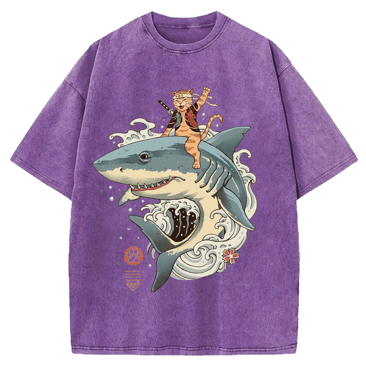 Samurai Cat Riding A Shark Washed Crew Neck T-Shirt