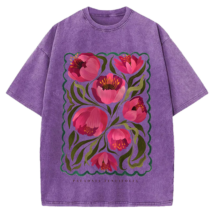 Vintage Flowers Design Washed Crew Neck T-Shirt