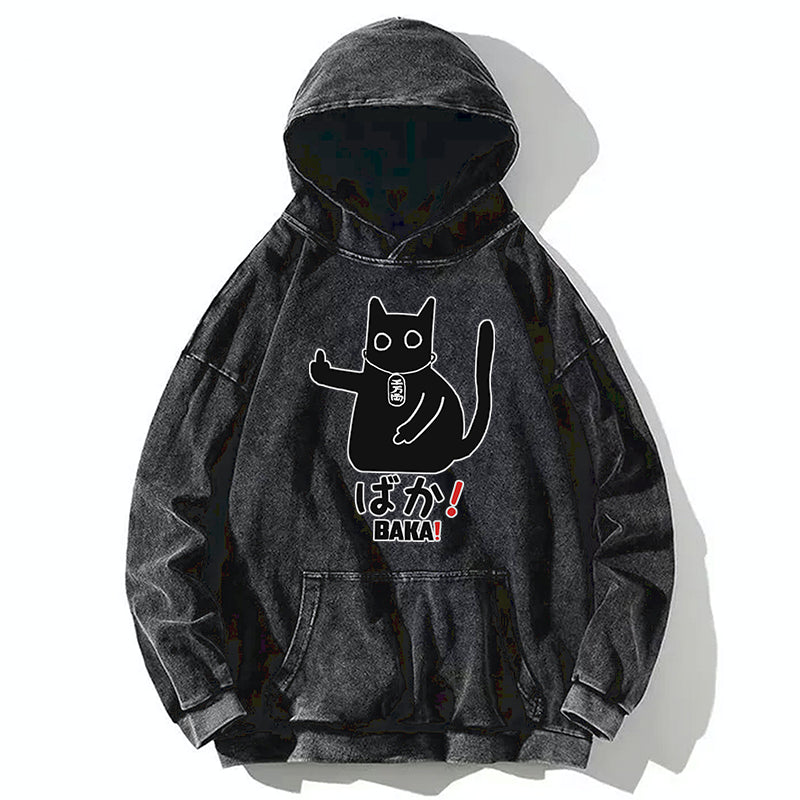 Japanese Baka Cat  Washed Hoodie