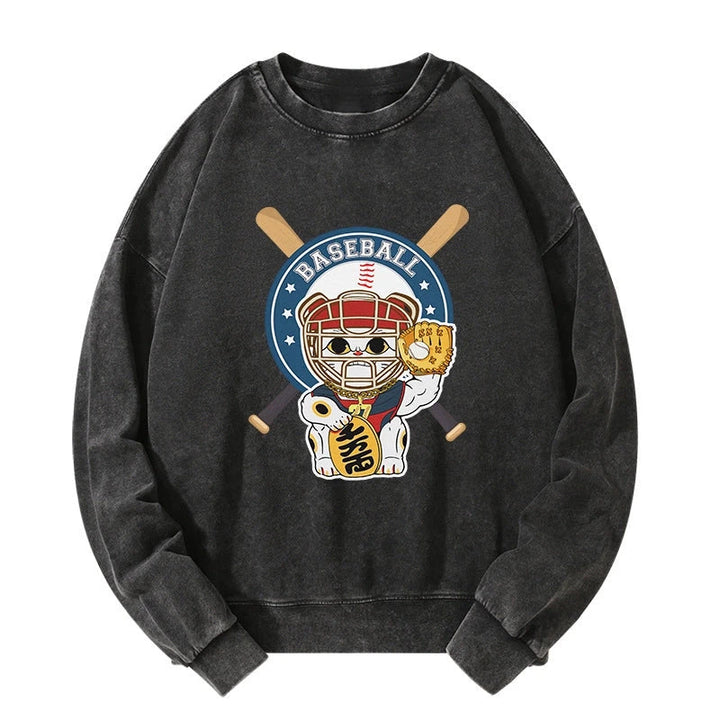 Janpaese Baseball Cat Washed Sweatshirt