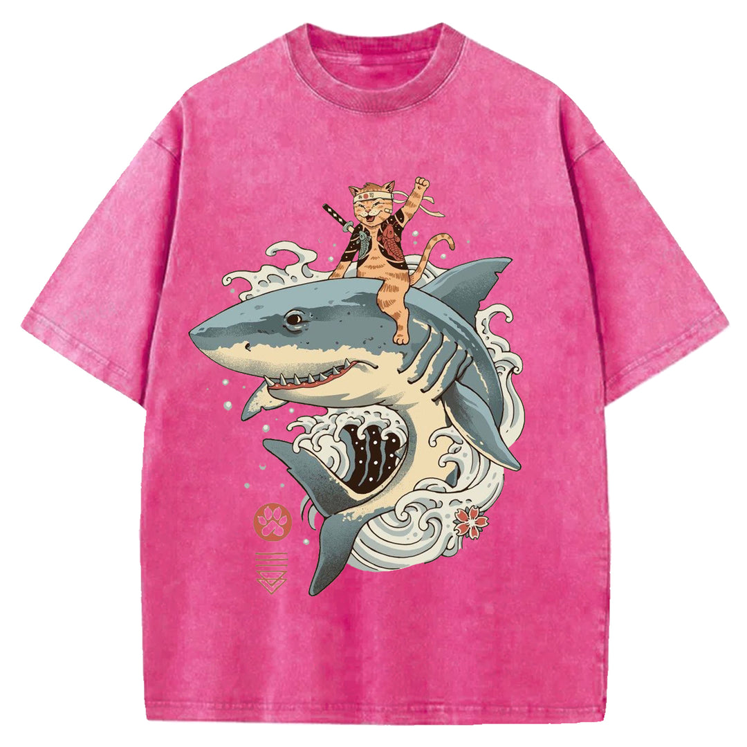 Samurai Cat Riding A Shark Washed Crew Neck T-Shirt