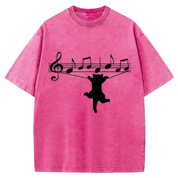 Funny Cat Design Washed Crew Neck T-Shirt