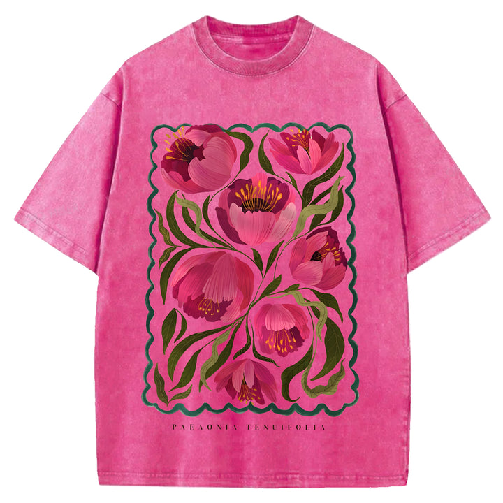 Vintage Flowers Design Washed Crew Neck T-Shirt