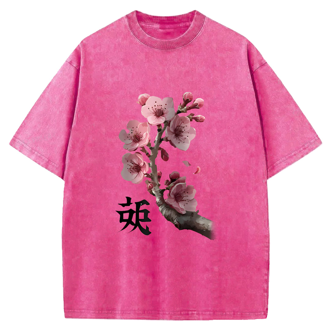 Cherry Blossom Branches Washed Crew Neck T-Shirt