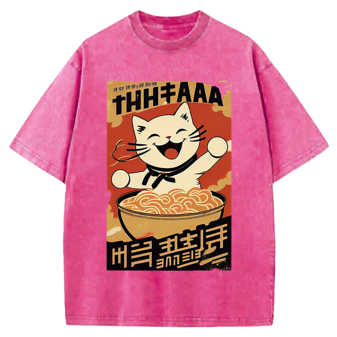 Vintage Japanese Cat Eating Ramen Wash Crew Neck T-Shirt