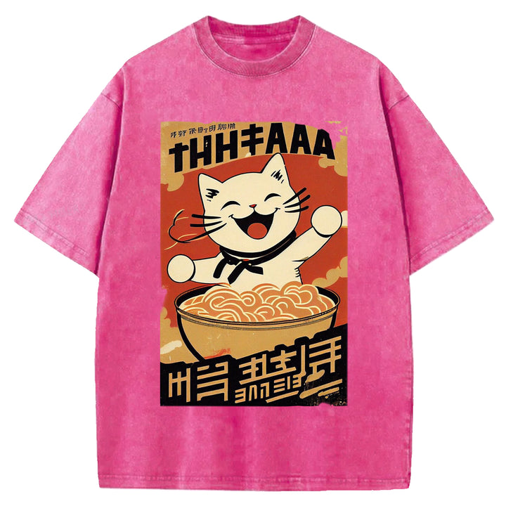 Vintage Japanese Cat Eating Ramen Wash Crew Neck T-Shirt