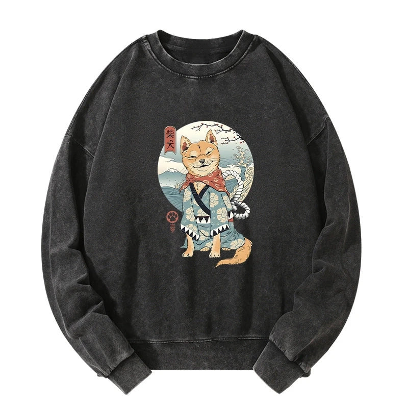 Samurai Shiba Dog Japanese Washed Sweatshirt