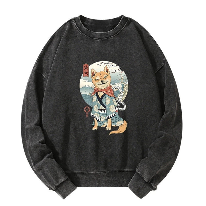Samurai Shiba Dog Japanese Washed Sweatshirt