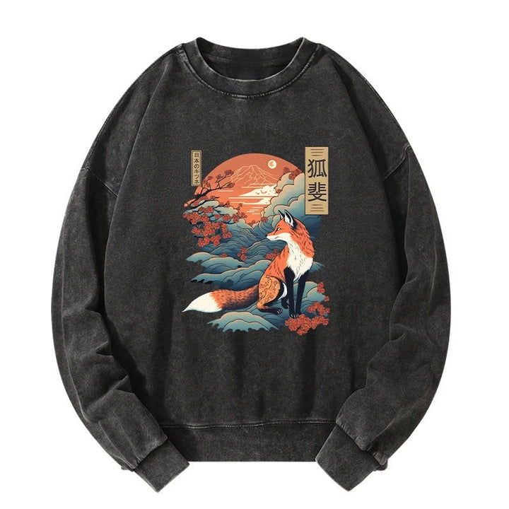 Japanese Kitsune Fox Sakura Washed Sweatshirt