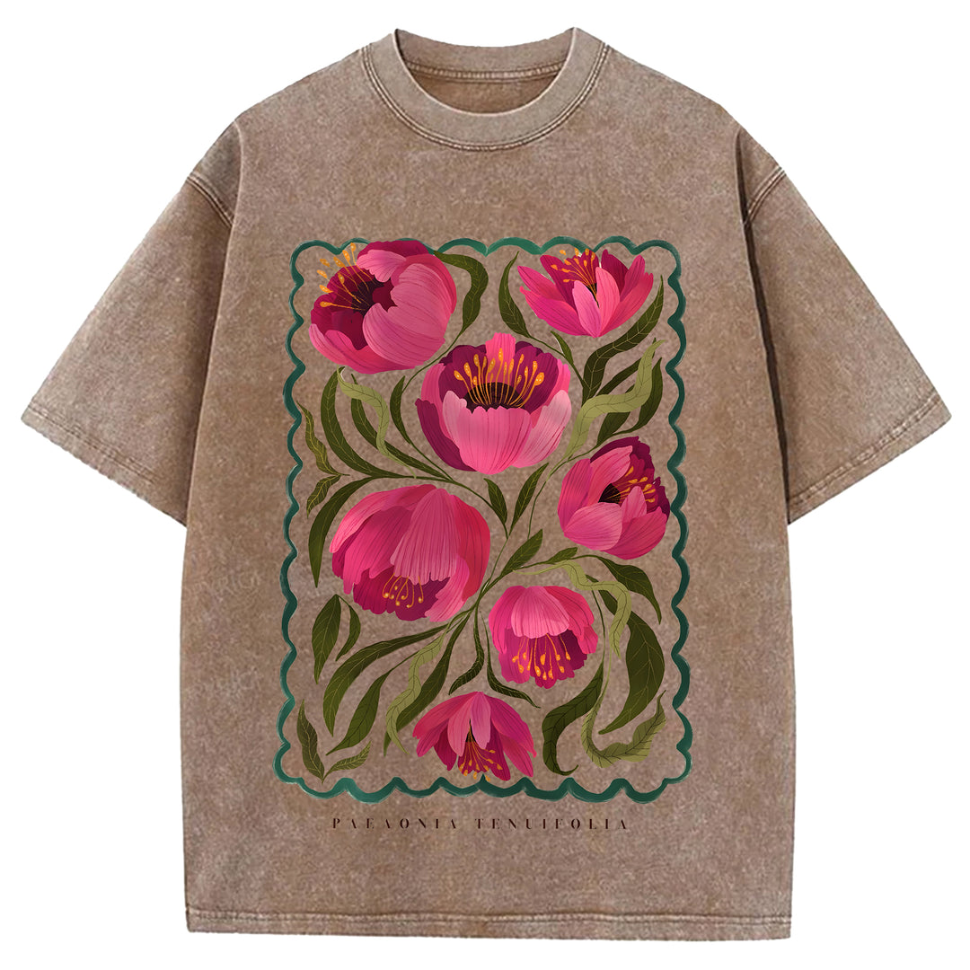 Vintage Flowers Design Washed Crew Neck T-Shirt