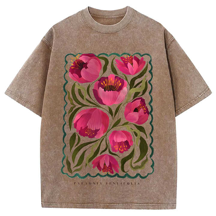 Vintage Flowers Design Washed Crew Neck T-Shirt