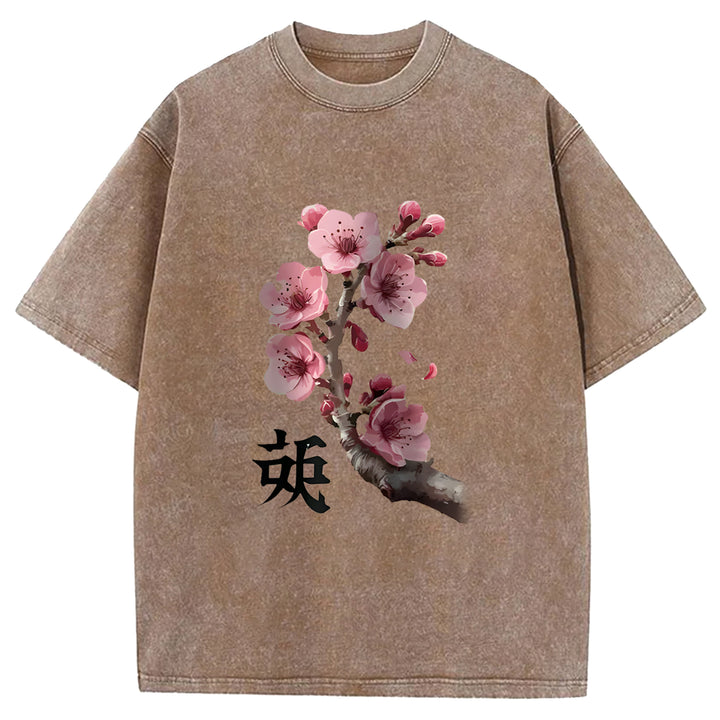 Cherry Blossom Branches Washed Crew Neck T-Shirt