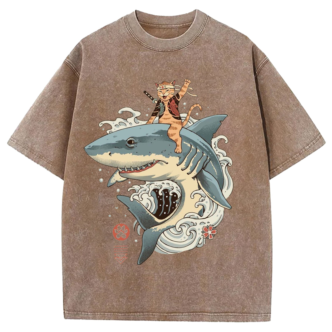Samurai Cat Riding A Shark Washed Crew Neck T-Shirt