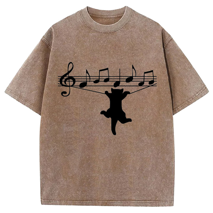 Funny Cat Design Washed Crew Neck T-Shirt